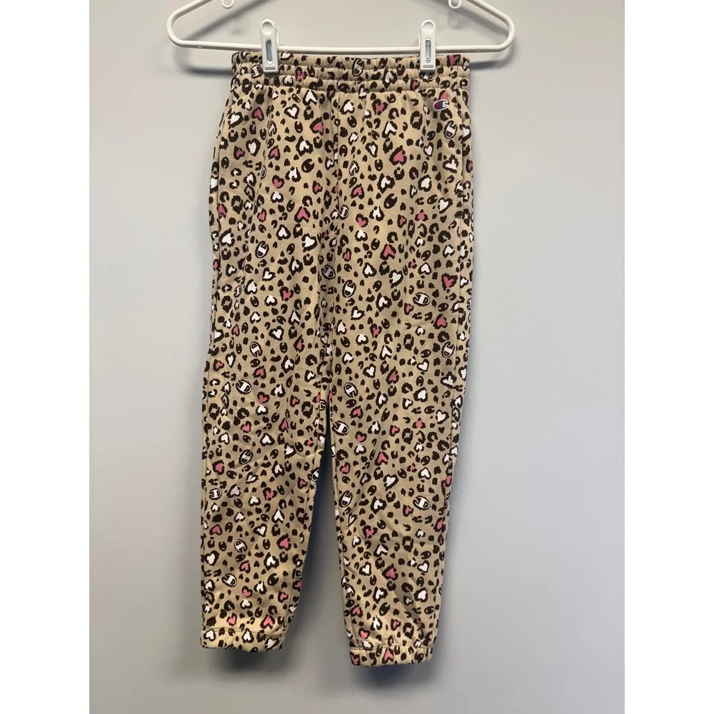 Champion Girls Leopard Heart Print Fleece Joggers Tan Pink Size S 7/8 Kids